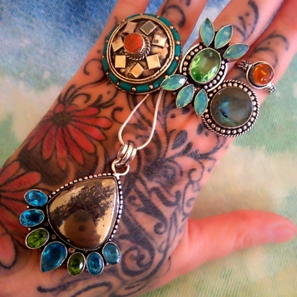 ❤ Artisan Apache Goldstone Pyrite + Aquamarine + Peridot SS 925 Pendant Necklace - Picture 6 of 6